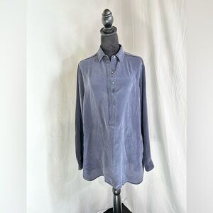Dusty Blue Navy 100% silk Tunic Top Large Banana Republic Button up Long sleeve